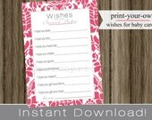 Well Wishes for Baby girl cards baby shower fuchsia pink damask INSTANT DOWNLOAD diy printable file print your own Il_170x135