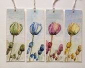 FREE shipping Handmade original watercolor laminated bookmark set of 4 with flowers , yellow , green