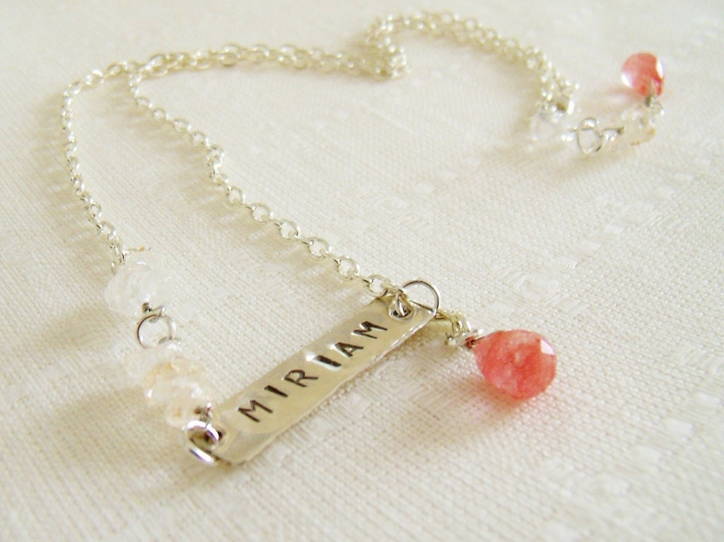 Stamped Name Necklace with Citrine and Rose Quartz in Silver