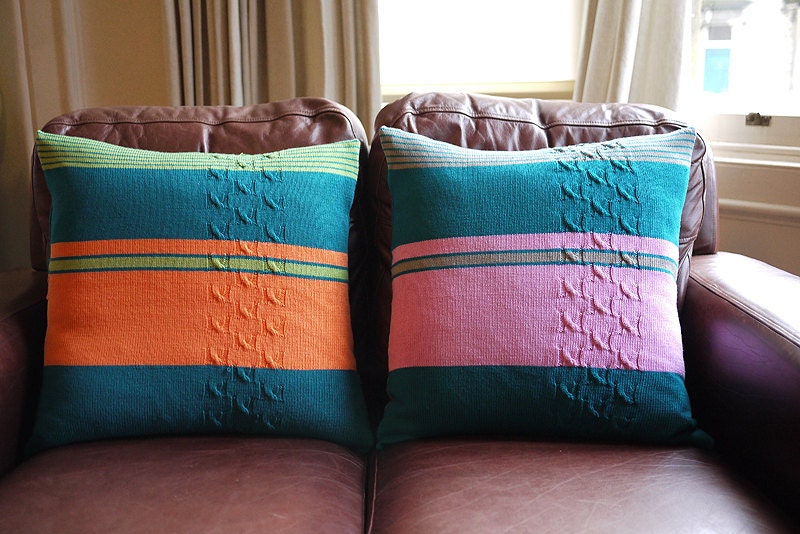 Pair of knitted pure wool cushion covers with stripes and cables