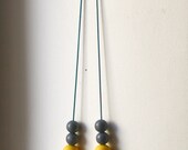 Wooden Bead Statement Necklace / Hand Painted in Gray and Yellow on Gray Leather / Adjustable Length