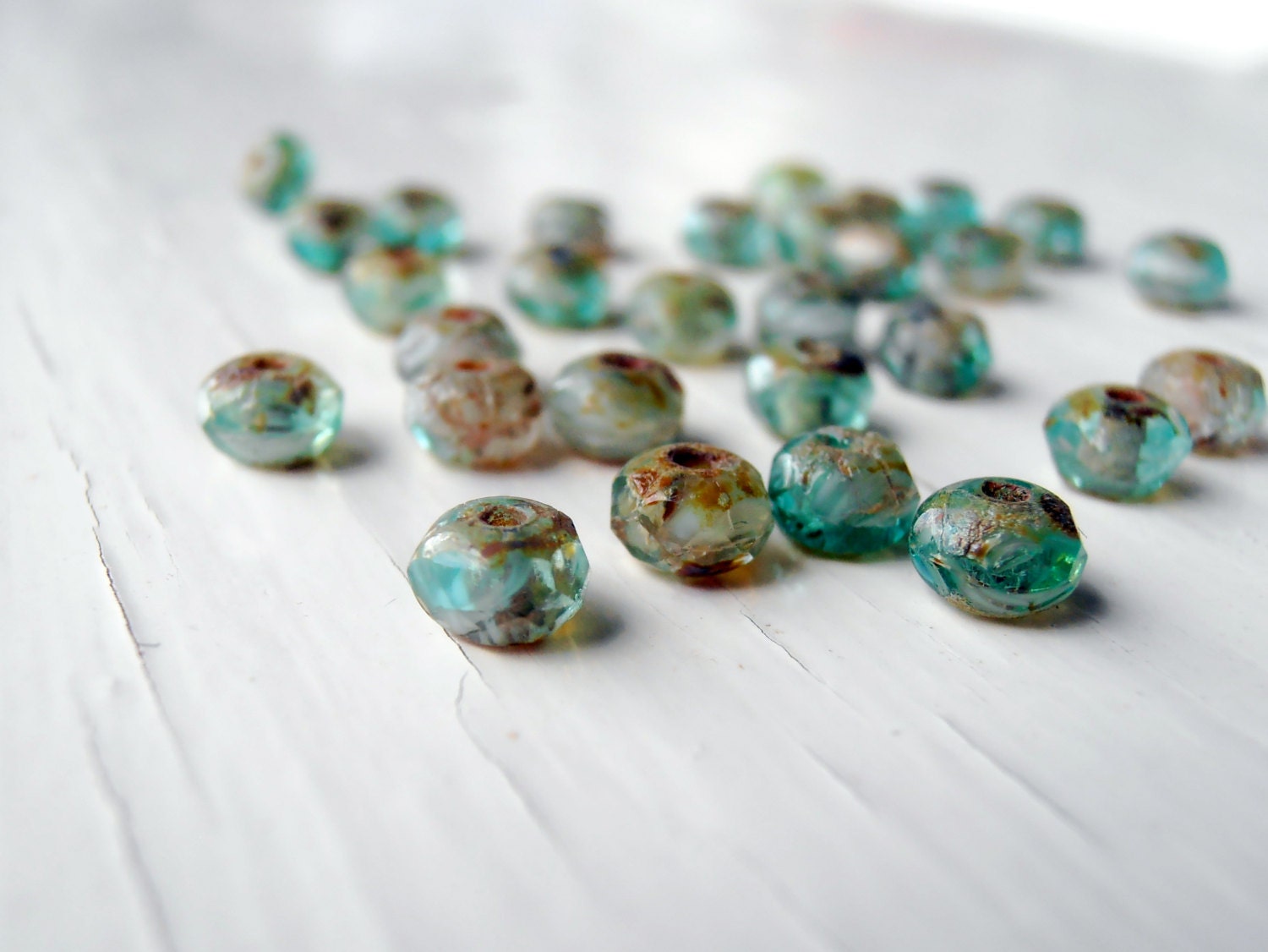 Baby Rock Pools - 3 x 5 aqua picasso faceted rondelles (30), turquoise rondelle beads, green czech beads, peach faceted rondelles
