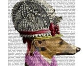 Vintage Greyhound Print Mixed Media Art Giclee Print Digital Original Illustration Dog Print Dog in Hat wall art wall decor Wall Hanging