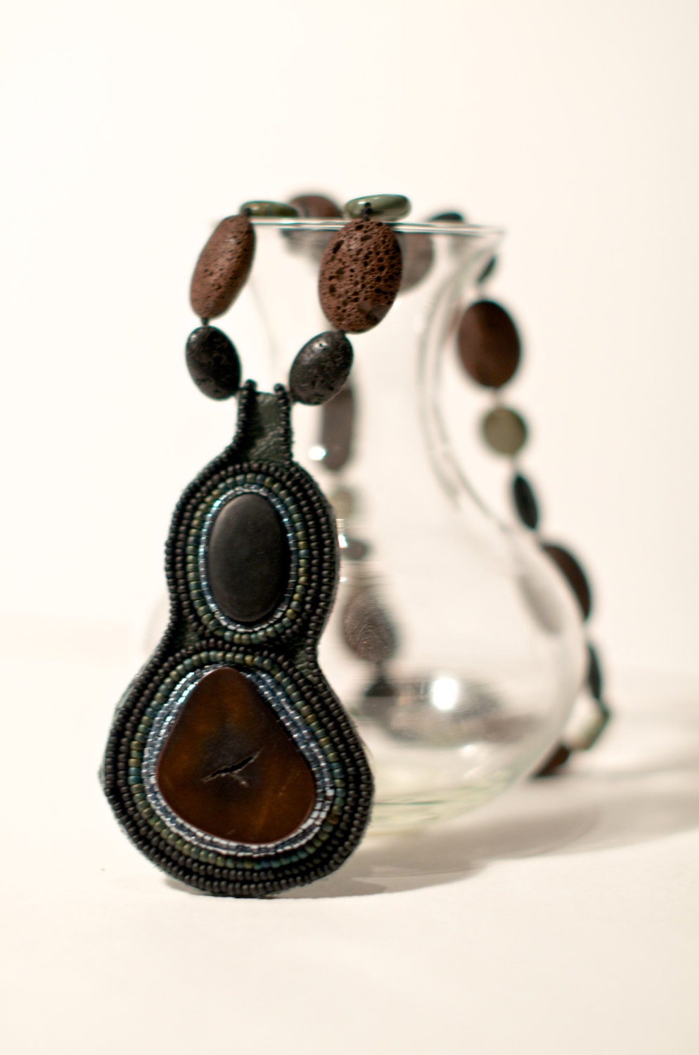 Bead Embroidered Petrified Wood Necklace, Petrified Wood and Lava Rock Bead Embroidery Statement Necklace, Handcrafted Gemstone Jewelry