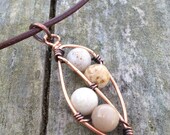 Wire Wrapped Botanical Leaf, Flower Stone Bead Pendant, Boho, Antiqued Copper Necklace