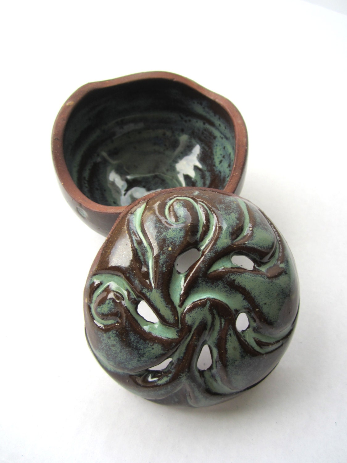 Hand Carved Decorative Ceramic Lidded Pot - Incense Holder