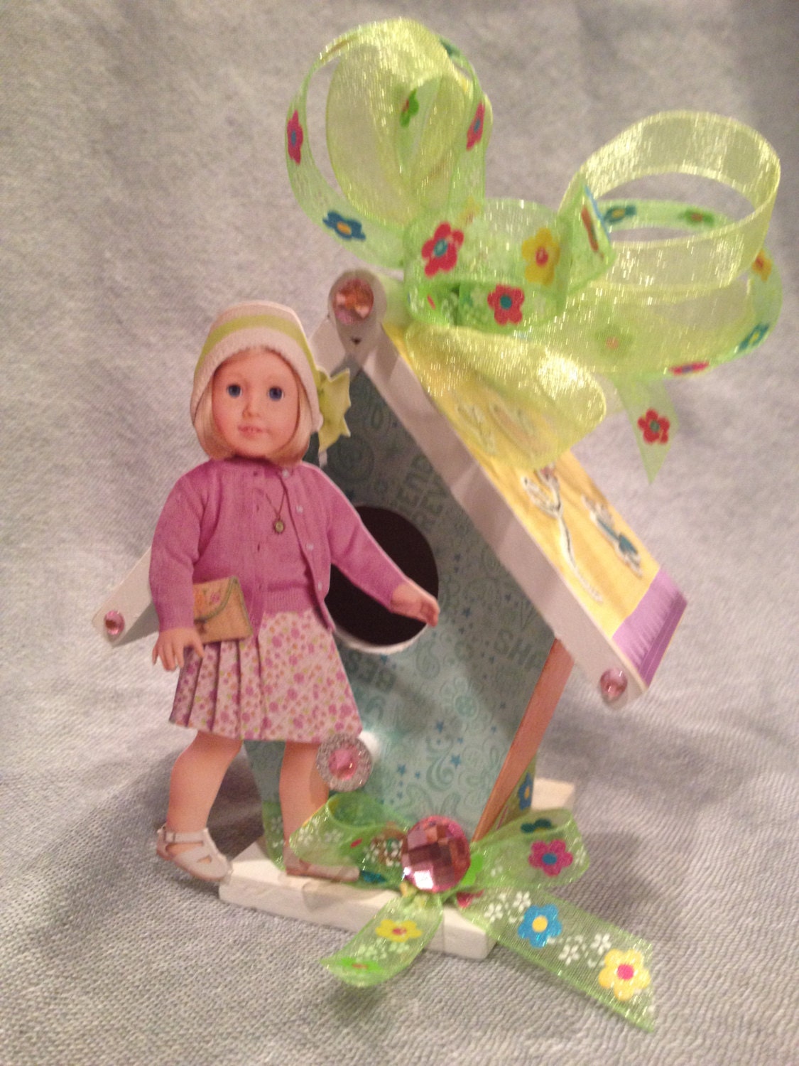 AMERICAN GIRL Personalized, Handmade Wood Birdhouse 4 Spring w Flowers n Butterflies, Sweet Birthday Party Favor, Decoration or Gift (BH281)