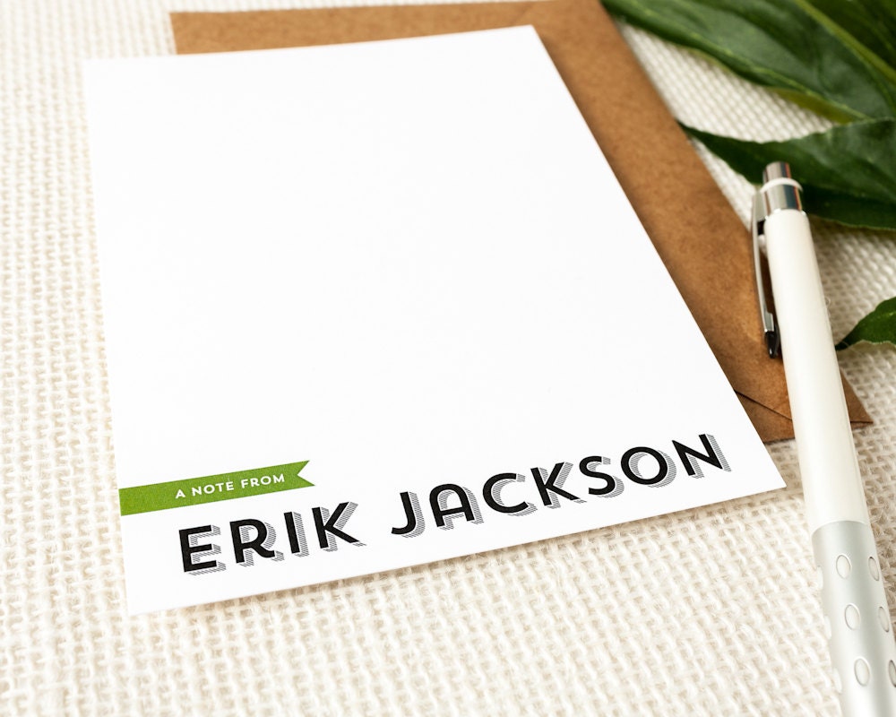 Personalized Notecard Set - Trendy Flag - Set of 12 Flat Personalized Stationery / Stationary Cards - Simple mens or womens