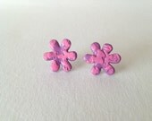Flower stud earrings, Paper mache, Pink and Purple, Embossed with abstract pattern