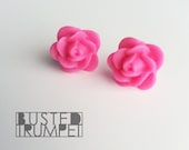 Hot Pink Flower Stud Earrings - Fuchsia Floral Rose Bud Posts - Surgical Steel Posts
