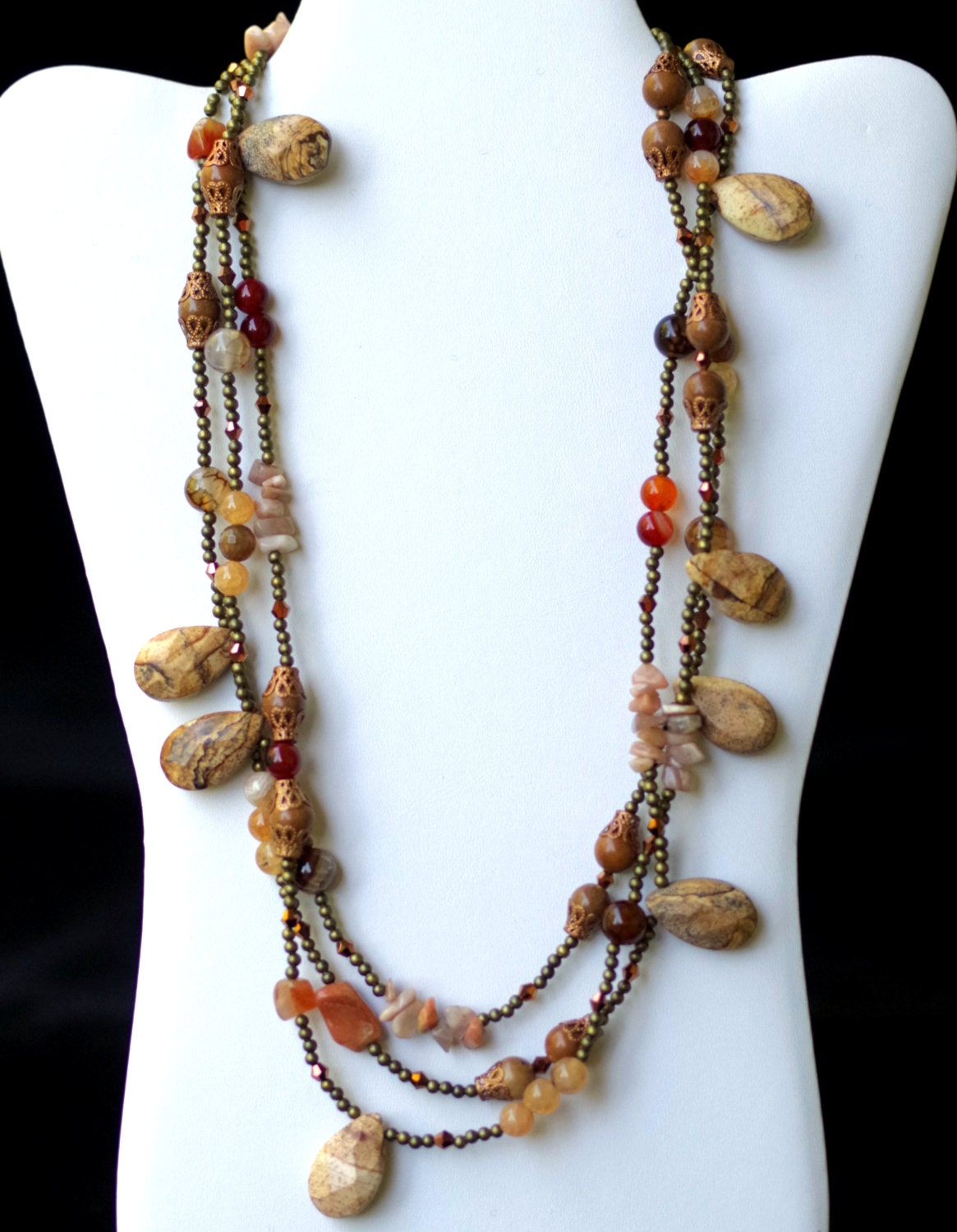 Desert Wind: Beige Brown Bronze Natural Semiprecious Stones Necklace/ Chunky Extra Long Wrap Multi Strand Statement Necklace/ OOAK Unique