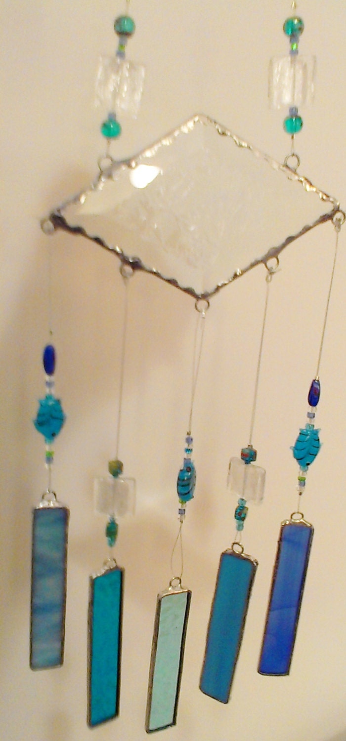 Stained Glass Wind Chimes and Decorative Glass Beaded Hanger Ocean Blues Glass Fish Beads