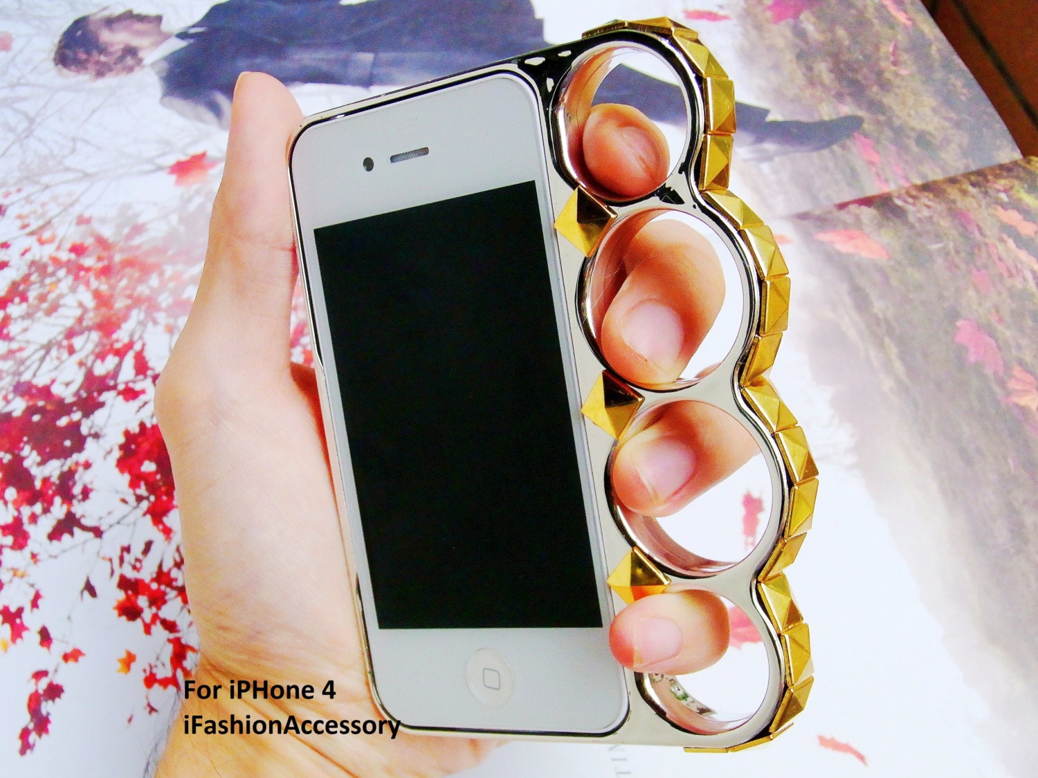 Luxury 3D Metal Studded stud Wolf proof WEAPON Knuckle Full Protection Ring Chrome plating Cool deluxe Hard Case Cover for iPhone 4 4S