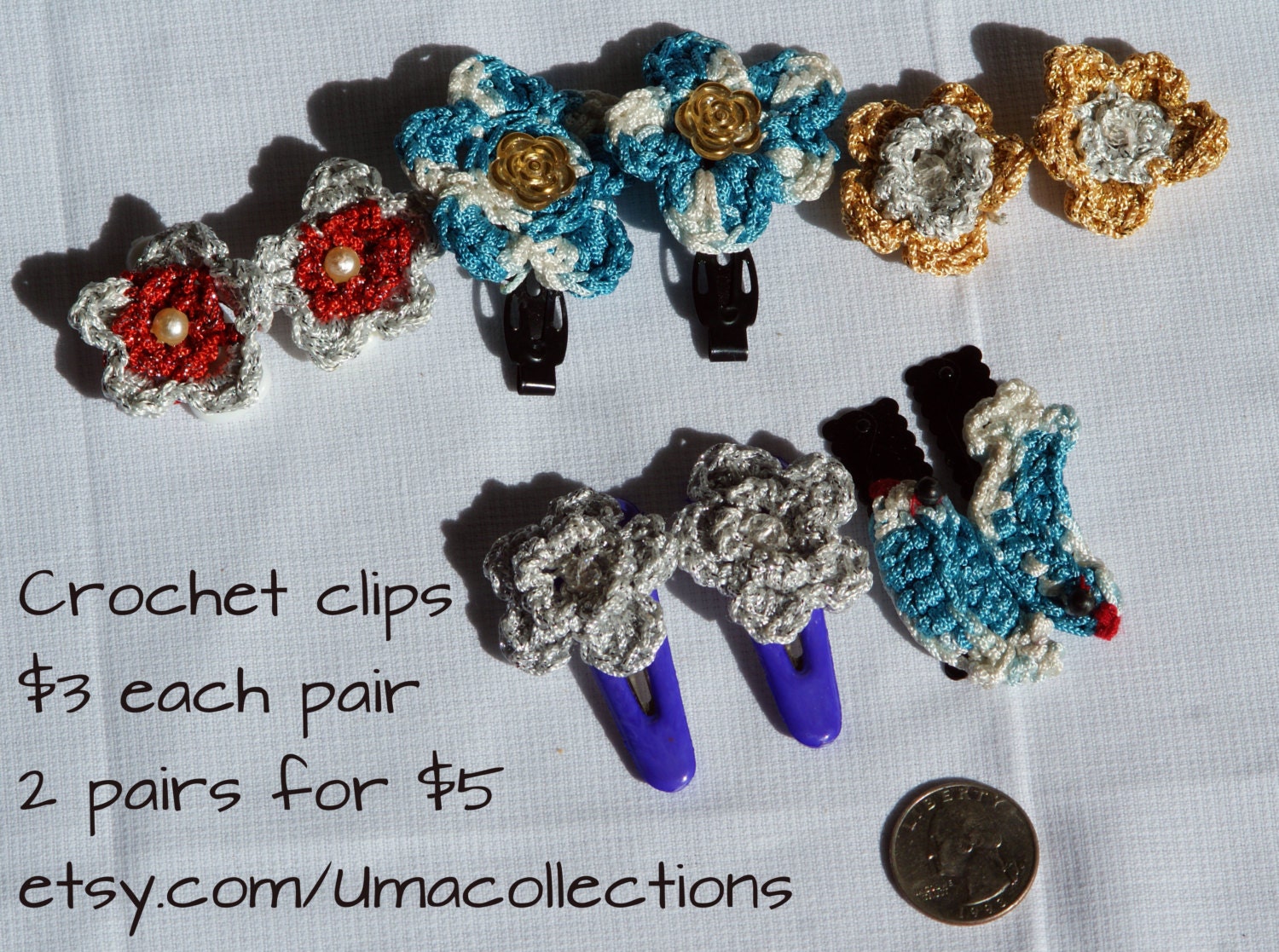 Crochet hair clips-flowers in red blue yellow and white