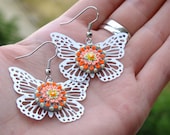 Unique Entirely Handmade Polymer clay Butterfly Floral Earrings in Grey White Orange Pink and Yellow / Mini flowers / Jewelry