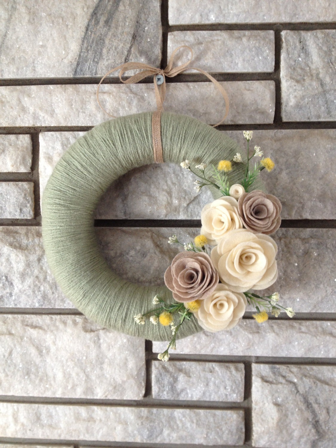 Yarn Wreath Handmade Felt Decoration - 12" Sage Green Wreath