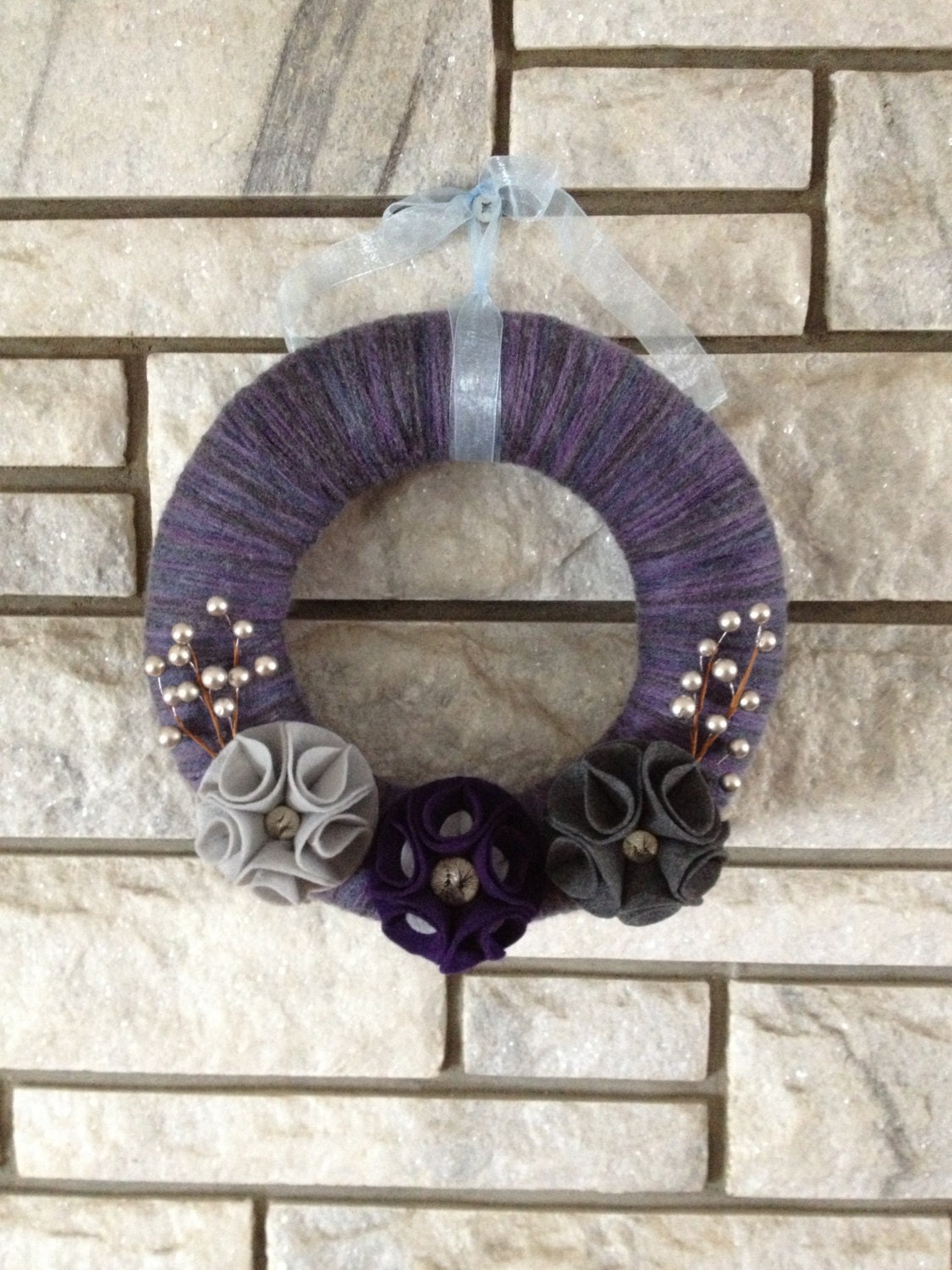 Yarn Wreath Handmade Felt Decoration - 12in Plum Grey