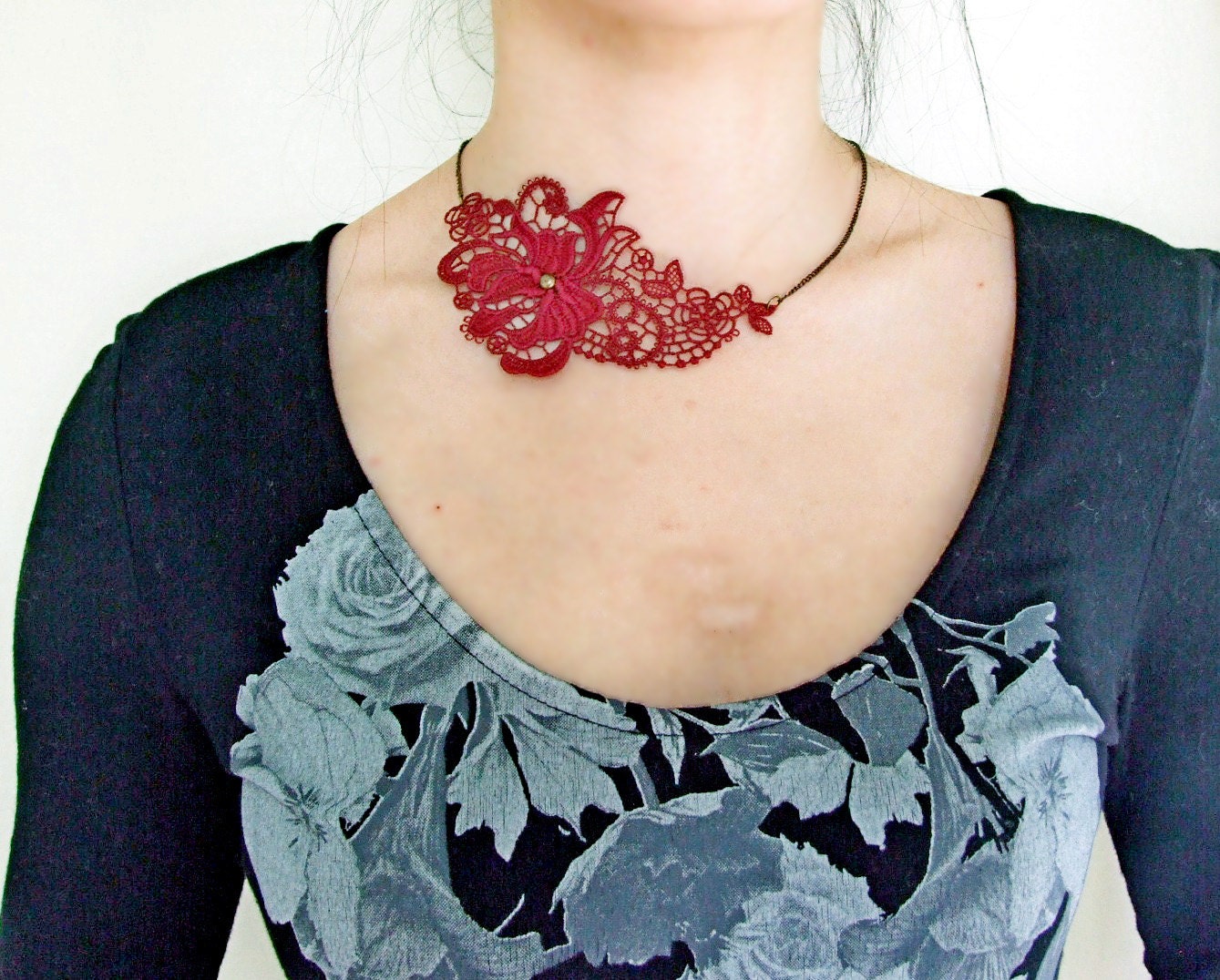 SALE gothic lace choker necklace dark red steampunk necklace Victorian  vintage chain medieval handcrafted Fabric women jewelry gift