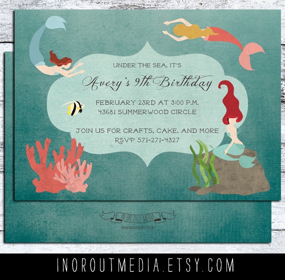 Mermaid, Under the Sea Birthday invitation - birthday invitations, first birthday card 5x7, nautical, mermaid theme, ocean theme party