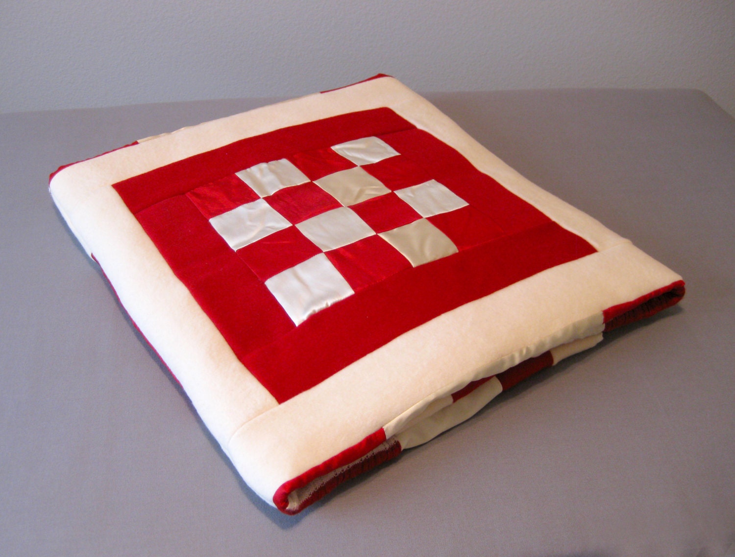 Elegant Red and White Handmade Modern Couch Quilt Vintage Wool Cashmere & Silk Lap Sofa Throw Patchwork Blanket  60 X 70 OOAK