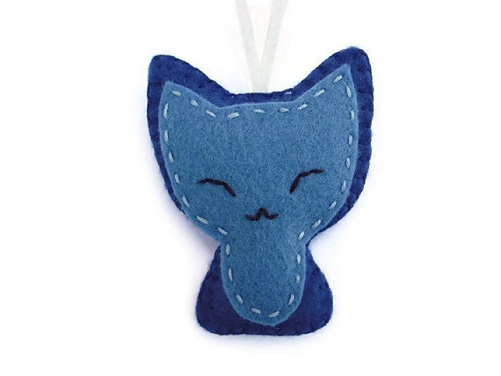 Kawaii cat charm, stuffed felt ornament, blue cat softie, plush kitten