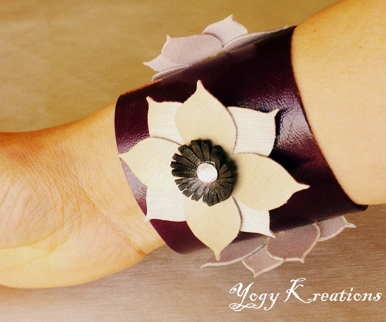 Leather cuff bracelet, Silver Flower Floral Purple Pink Pom Pom Jewelry Crystals wrist band wrap Rhinestone adjustable Recycle Handmade OOAK