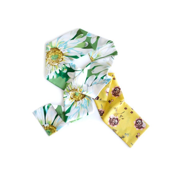 Oblong Silk Scarf in Spring roses on bright yellow mixed with a Mod Green Leaf Print