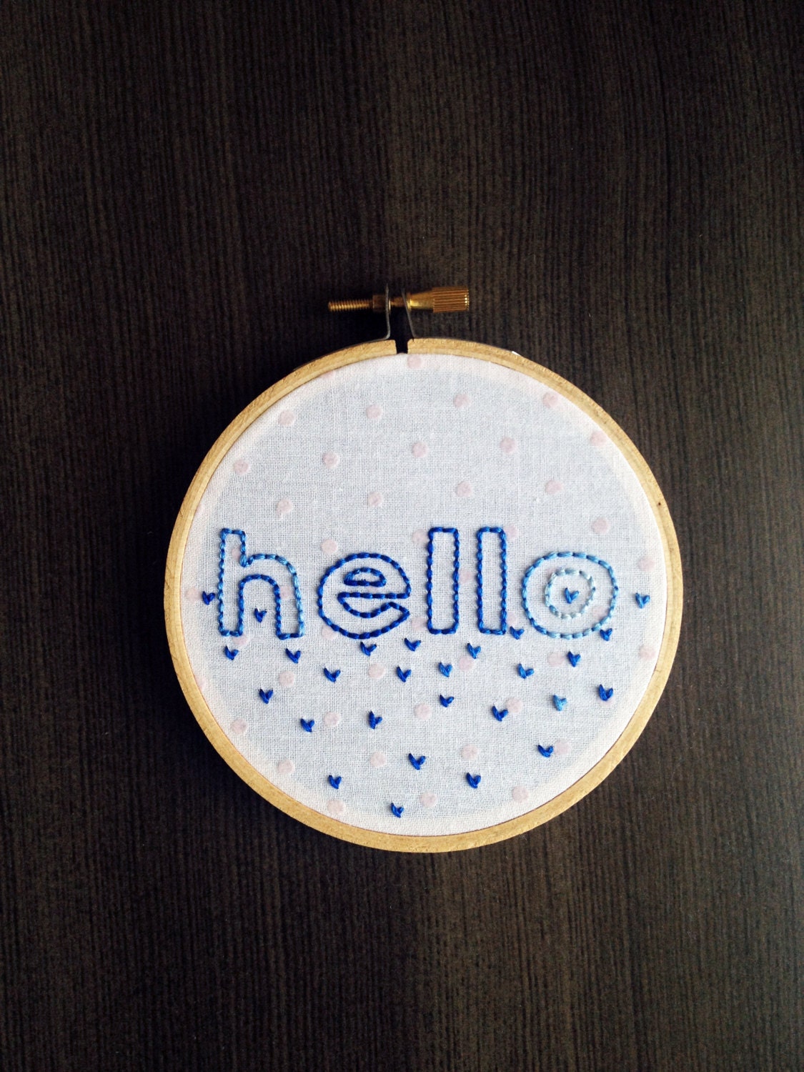 Hello - Falling Hearts - Baby Blue Ombre Hand Embroidered Type - Wooden Embroidery Hoop Wall Art - Pink Polka Dot - handmade by  lovelizzard