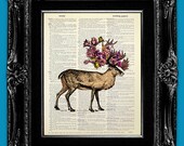 DECORATIVE ART, Wall Hanging, DEER Art Poster, Dictionary Page Print, Upcycled Art Print, Deer Antler Print Antler Wall Art - Antler Flowers