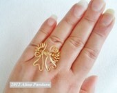 STYLISH Ribbon with a BOW RING - Handmade Jewelry Wire Wrapped Wirework Square Gold Plated Wire - Simple Elegant Classy Non-adjustable Ring