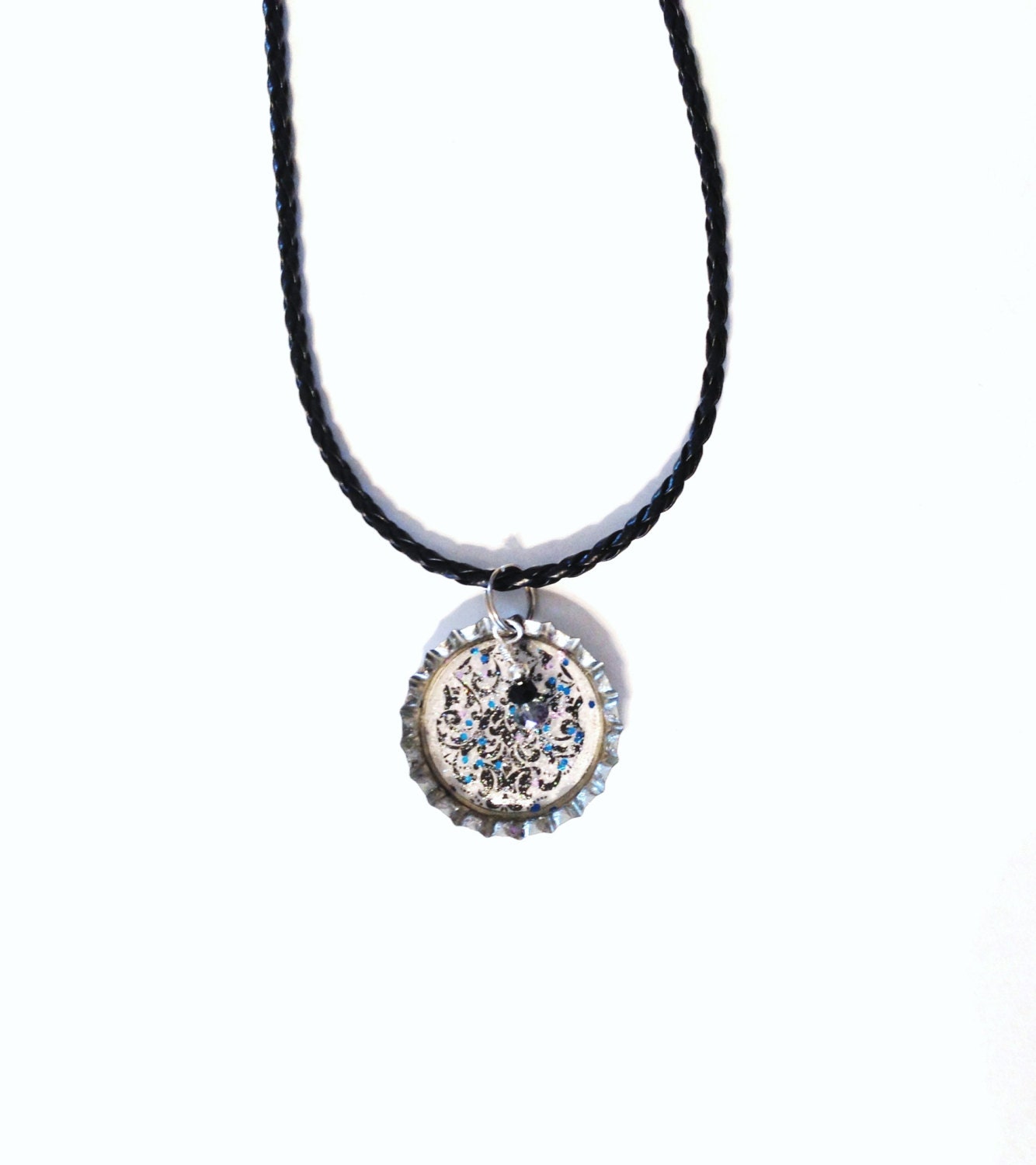 SALE Black White Demask Bling Bottle Cap Wire Wrapped Crystal Necklace, on Leather - Teen Girl Tween Gift Jewelry - FREE SHIP