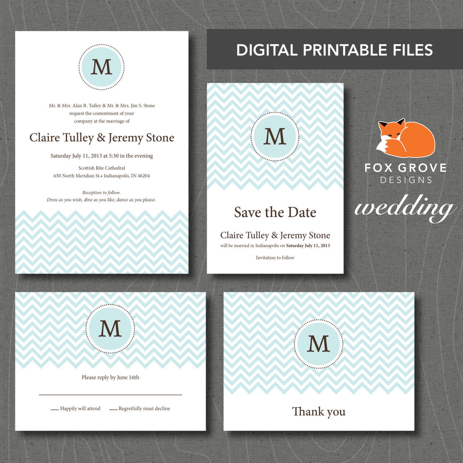 Wedding Suite: Invitation, RSVP, Save the Date, Thank You / "Claire" / Customizable, Printable Digital Files / Printing Available in U.S.