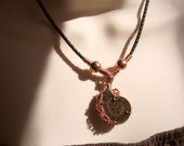 OOAK Natural GREEN Jasper AMMONITE fossil Slice Copper wire wrapped with garnet beads Leather Braided Necklace Choker Sea Shell