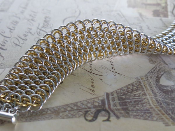 Dragonscale Chainmaille Bracelet - Silver and Gold - Chainmaille Cuff Bracelet