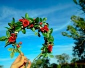 Mini red roses headband/whimsical head wreath/bride/bridesmaid/girl/circlet/halo/floral crown/woodland garland hair accessory