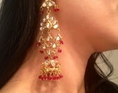 Chandelier Gold Kundun Earring // Bridal Jewelry // Valentine Day // Red Ruby Earring // Crystal earring // Afghan Earring // For Her