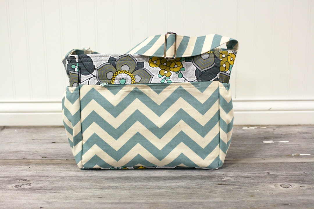 Modern blue chevron and beautiful grey and mustard flowered diaper bag tote bag