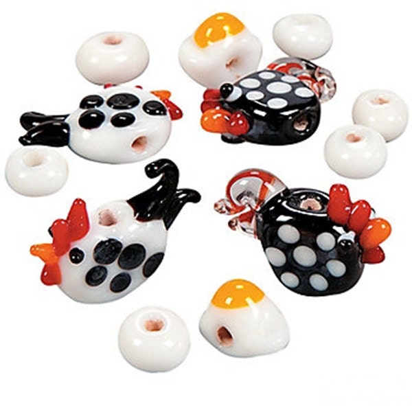 Farm Fresh 24 CHICKEN & EGG Handmade Lampwork Bead Lot Commercial Supplies Hen Rooster Fried Eggs