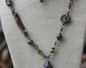 Gemstone necklace ceramic art beads recycled glass hand forged steel handmade artisan Rain forest  jasper tribal