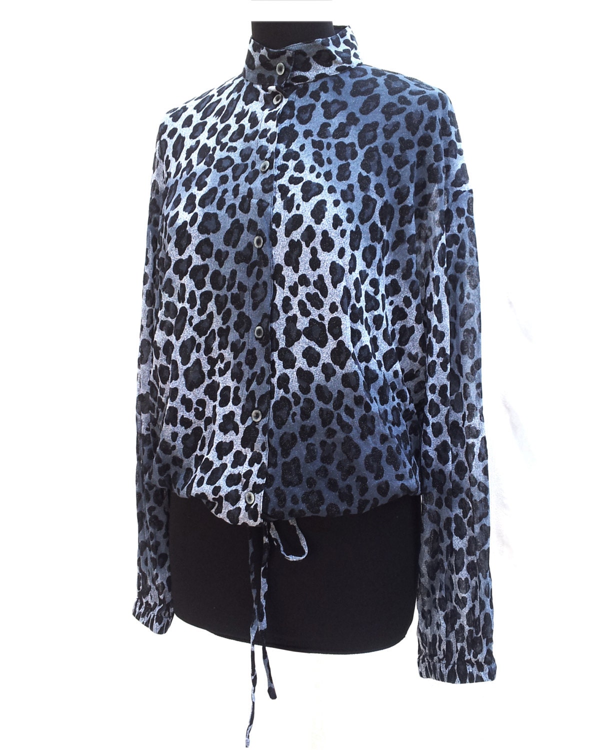 GOTTEX, LEOPARD Blouse 90s black and gray Animal Print Long Sleeve Button Up Sheer Top ,Size S / M, One piece