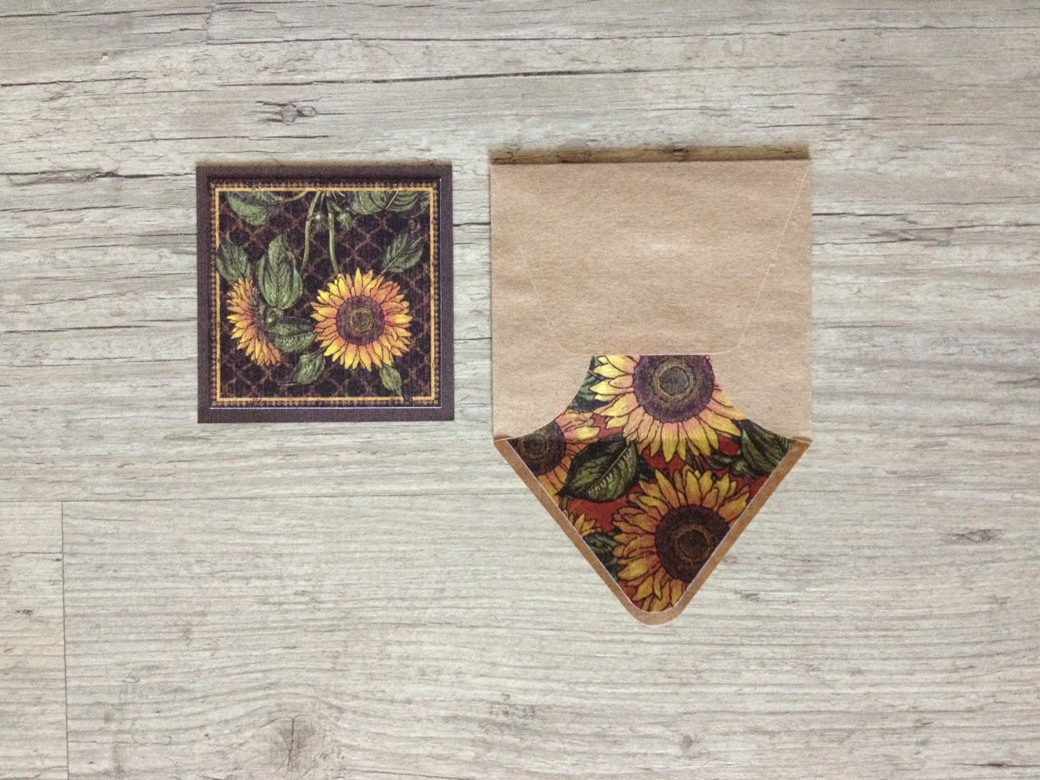 Crafted postcard with envelope - small greeting note thanks card - red black rustic sunflowers - french country - europeanstreetteam
