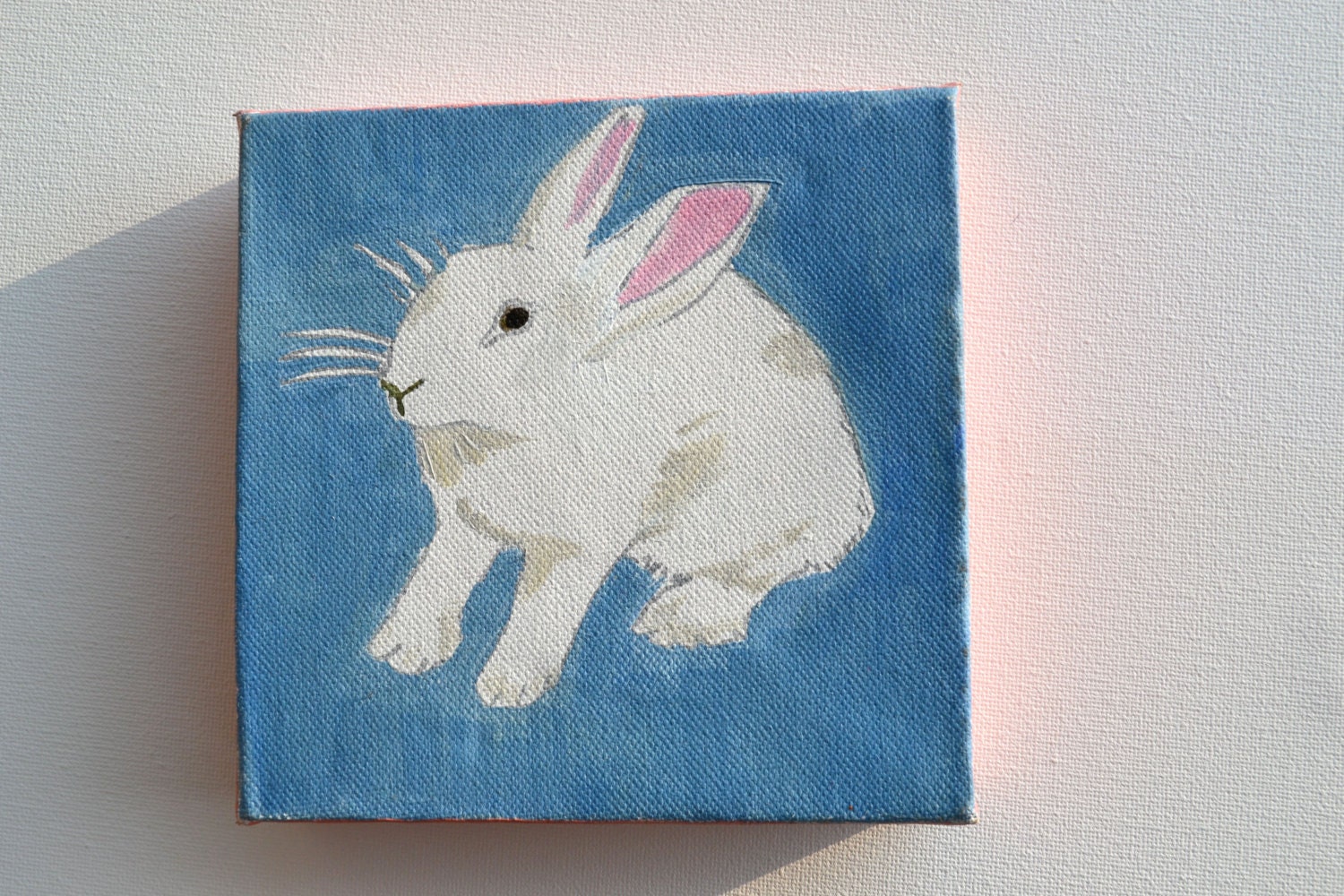 White Rabbit Painting, Original Blue and Pink Canvas Art, Cute Bunny Rabbit Nursery Decor or Home Decor, 6 inches square deep edged canvas
