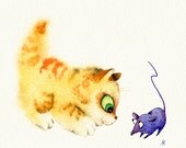Nursery wall art, baby room decor - Kitten and Mouse - 8x8 print of original watercolor