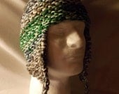Hand Knitted Ear Flap Hat, XL Green multi-colored