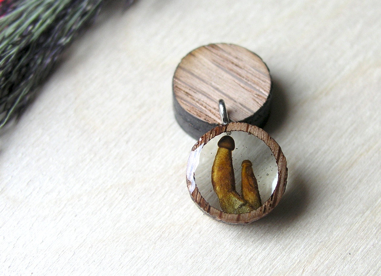 Resin and Wood Necklace Jewelry Pendant with Two Mushrooms