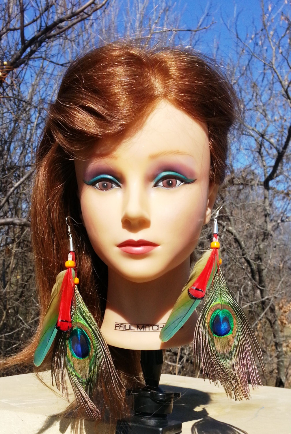 Jewelry, Earrings, Peacock Feather, Handmade Peacock Feather Earrings, Natural Peacock Feather Earrings, Blue&Red Feather Earrings Sku 015