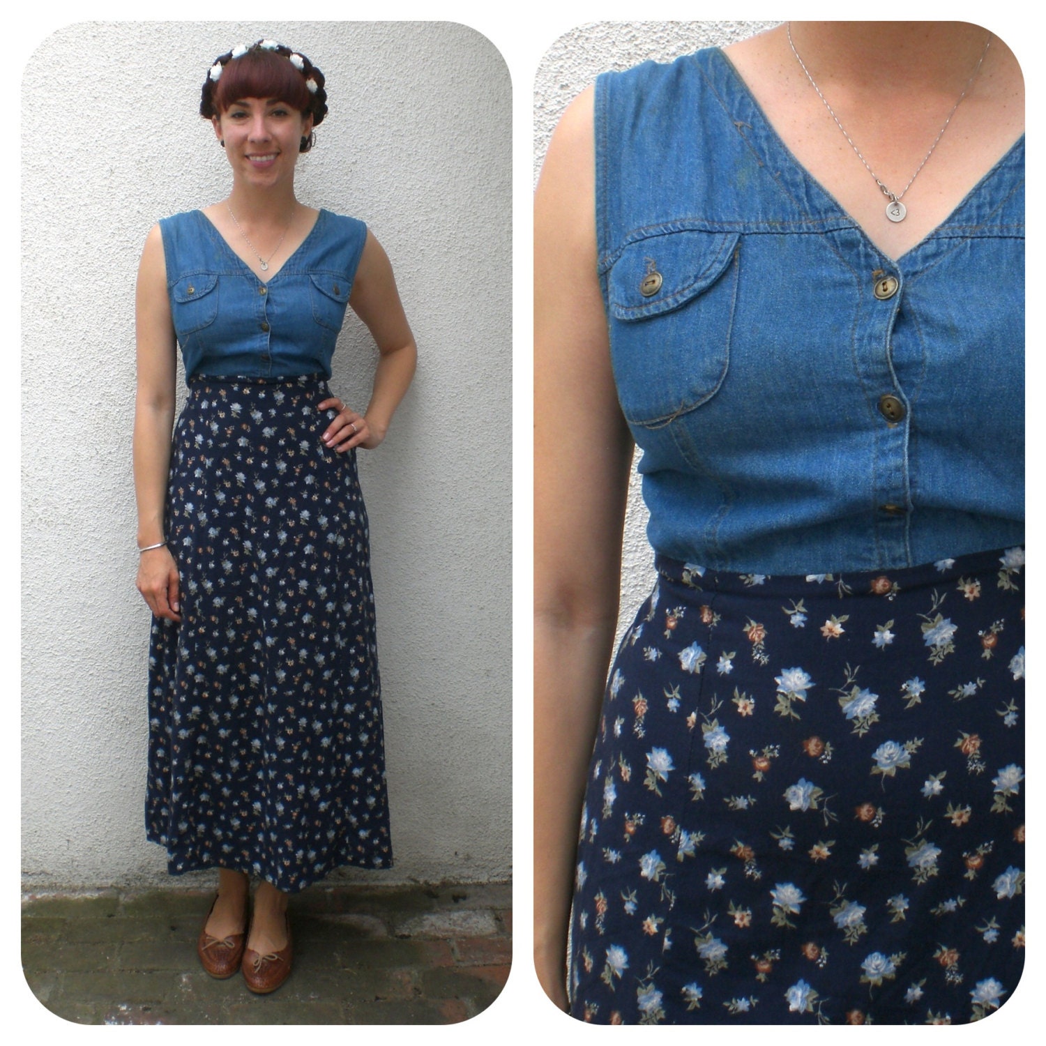 Vintage 90s Floral & Denim Maxi Dress Boho Grunge Ditsy Flowers Babydoll 1990s Revival Empire Waist Size 14 Large Extra Large XL XXL