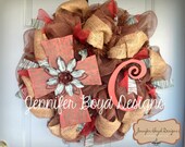 Rustic Red, Turquoise, Burlap and Faux Barbed Wire Initial Monogram Cross Deco Mesh Wreath, Customizable
