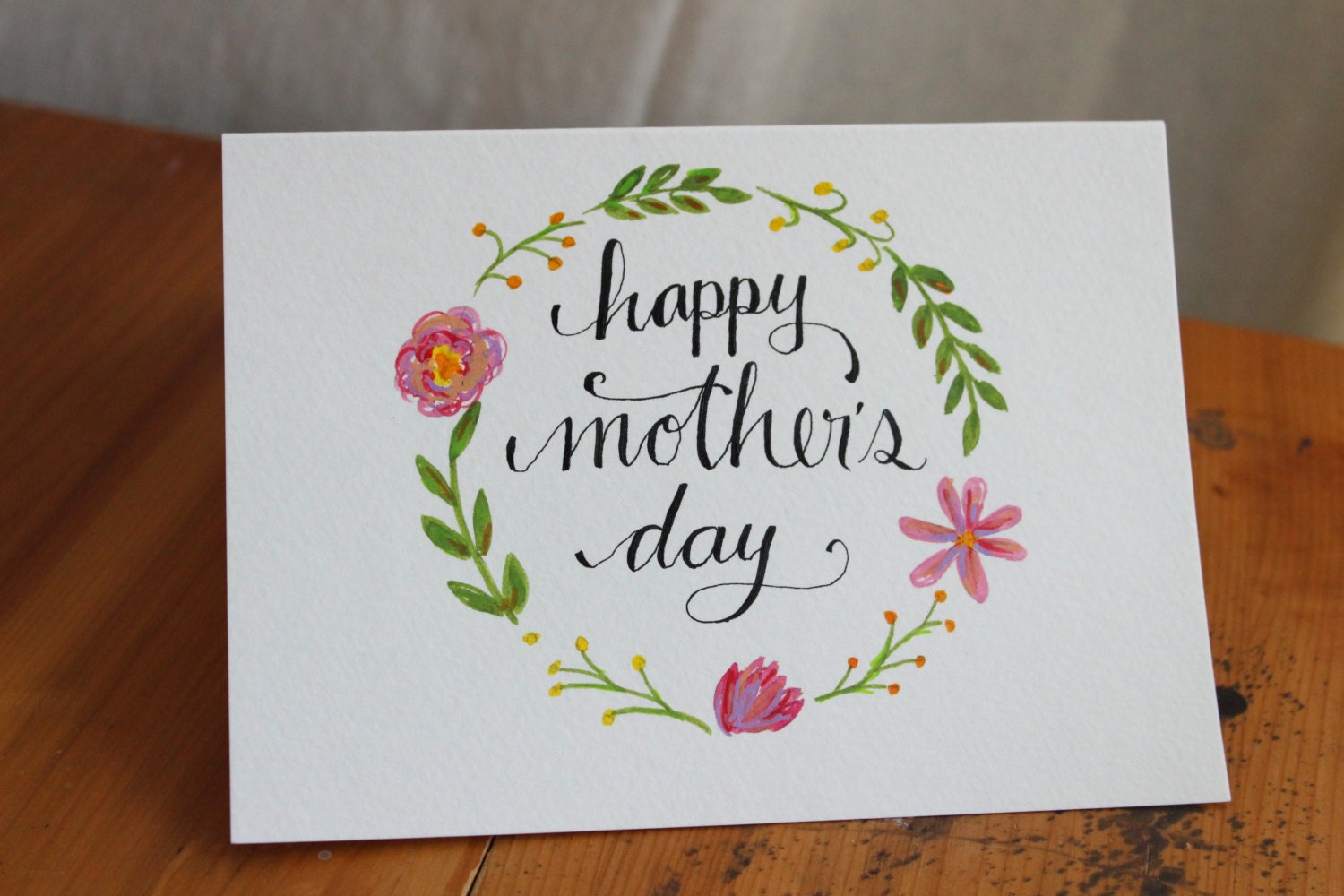 Mother's Day Card. 5x7 Hand Inked. One of A Kind. Spring Flower Wreath