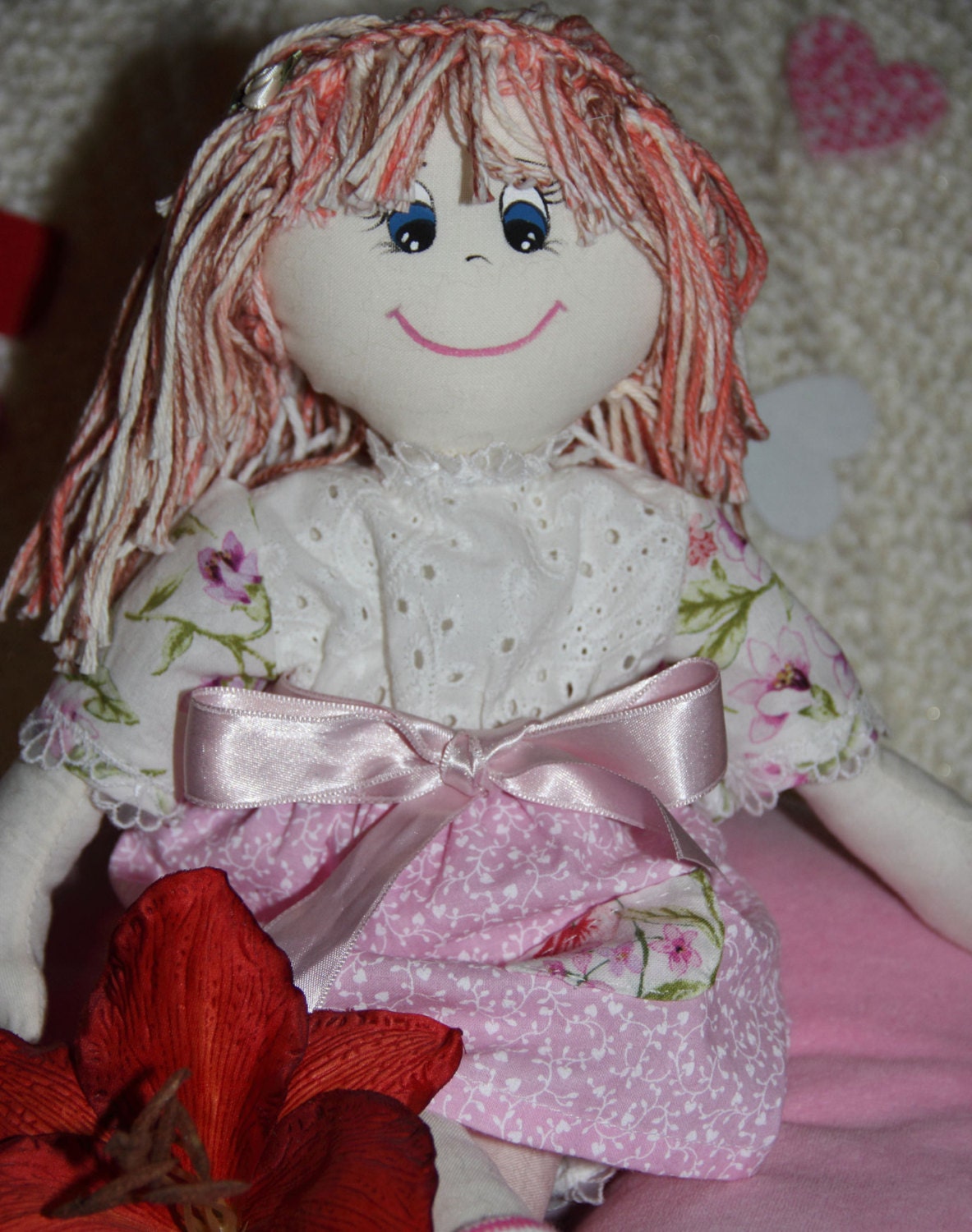 Rosy is a unique rag doll, handmade and crafted with soft and cute fabrics.